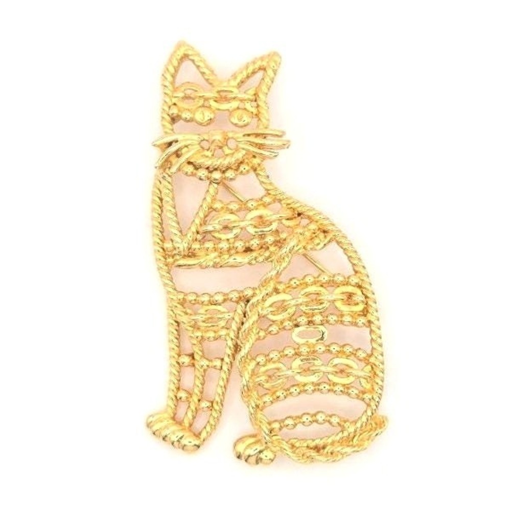 Vintage Danecraft Gold Tone Sitting Cat Brooch‎ Pin Fancy Chained Silhouette
